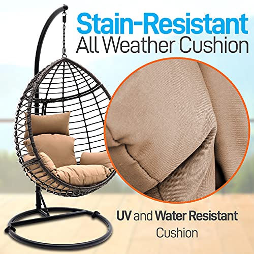 Serenelife Hanging Egg Indoor Outdoor Patio Wicker Rattan Lounge Chair With Stand, Steel Frame, Uv Resistant Washable Cushions For Garden Backyard Deck Sunroom, Black+Brown #TOP2