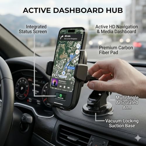 Image of Car Mobile Holder | Dashboard and Windshield Mount | Flexible Gooseneck Arm with 360 Rotation | Motorized Clamping Status Screen | Pack of 1