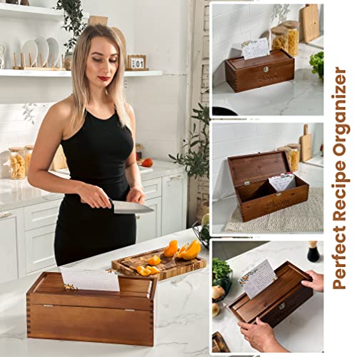 Tidita Acacia Wood Large Recipe Box with 100 Cards 4x6, 8 Dividers - Wooden Recipe Box Set Double Compartment Organizer Keeper with Thick Card Stock - Cards Holder Stand Recipes for Kitchen Counter