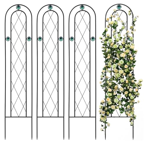 Otoolling 4 Pack 4' H x 10" W Metal Arched Garden Trellis for Potted Climbing Plants Outdoor Rustic Black Coating Iron Wire Lattices Grid Panels for Vine Pergola Cucumbers Vegetables Flower Support