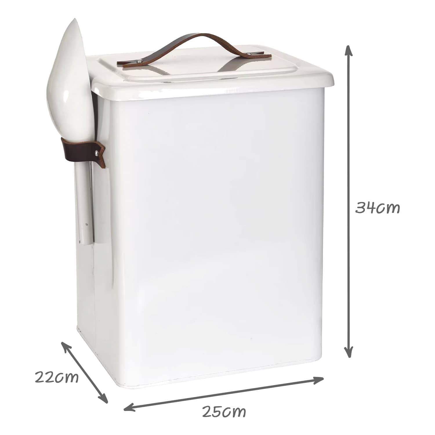CKB LTD Caja de almacenamiento de alimentos para mascotas mediana con cuchara para perros y gatos y animales de metal, con tapa sellada, mango de cuero, hecho de acero de giza, 7 kg: 34 x 25 x 19 cm