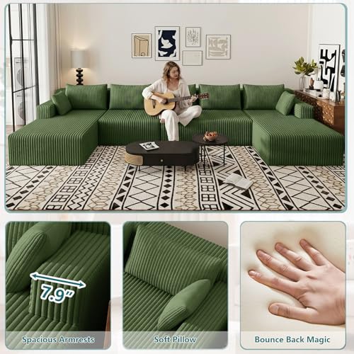 Image of 160 inch U-Shape Cloud Couch, Modern Modular Sectional U-Shape Sofa, Corduroy Boneless Couch Upholstered Couches Deep Seat Sleeper Chaise Longue for Living Room, No Assembly Required,Green
