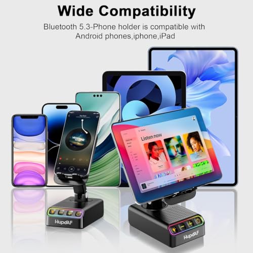 Image of Adjustable Cell Phone Stand with Wireless Induction Bluetooth Speaker, HD Surround Sound & RGB Rhythm Lights, Foldable Portable Stand for Desk, Kitchen Counter, Home Office, Gift for Men Women Dad Mom