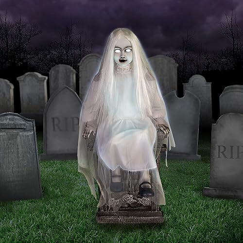 Haunted Hill Farm Motion-Activated Sitting Tombstone Girl by Tekky, Talking Animatronic for Indoor or Covered Outdoor Creepy Halloween Decorations, Plug-In or Battery Operated Prop