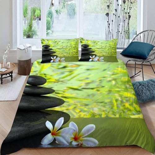 Pierres Noires Et Magnolias Housse de Couette 140x200 Parure de Lit Zen Microfibre Impression 3D Une House de Couette et Deux Taies d'oreiller (65x65 cm) A.536