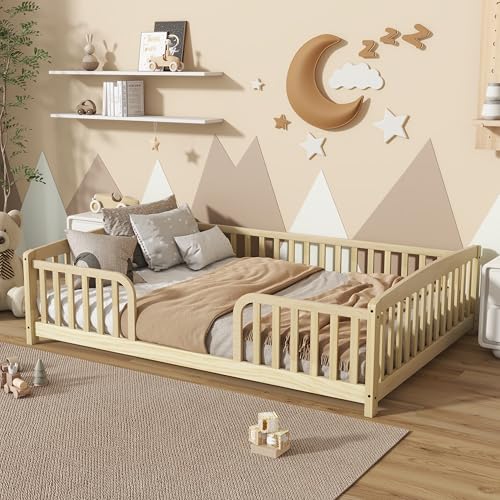 Image of Bellemave Full Size Montessori Floor Bed Frame with High Fence, Solid Wood Kids Floor Bed with Central Entrance, Low Profile Bed for Boys & Girls, Rounded Corner Design,Natural