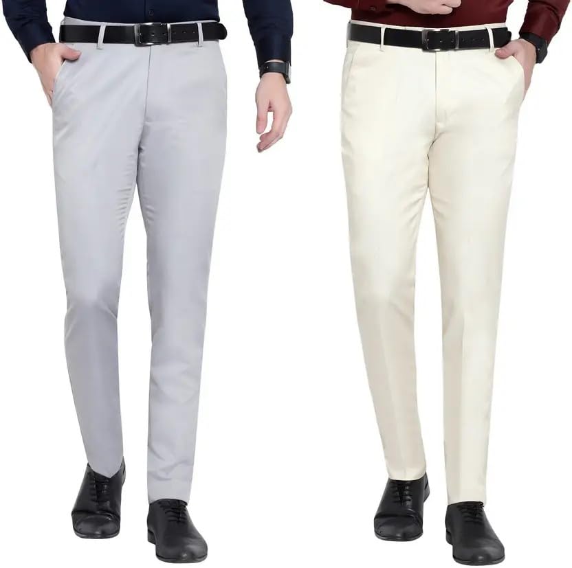 Men's Cotton Blend Slim Fit Formal Trouser Pant with Side Pockets and Button Closure for Office and Business-Pack 2-picture-32