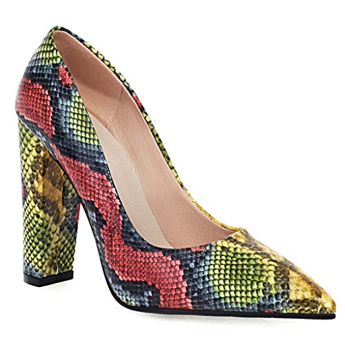 KOKOMOMO Womens Snakeskin Print Pointed Toe Block High Heel Pumps2