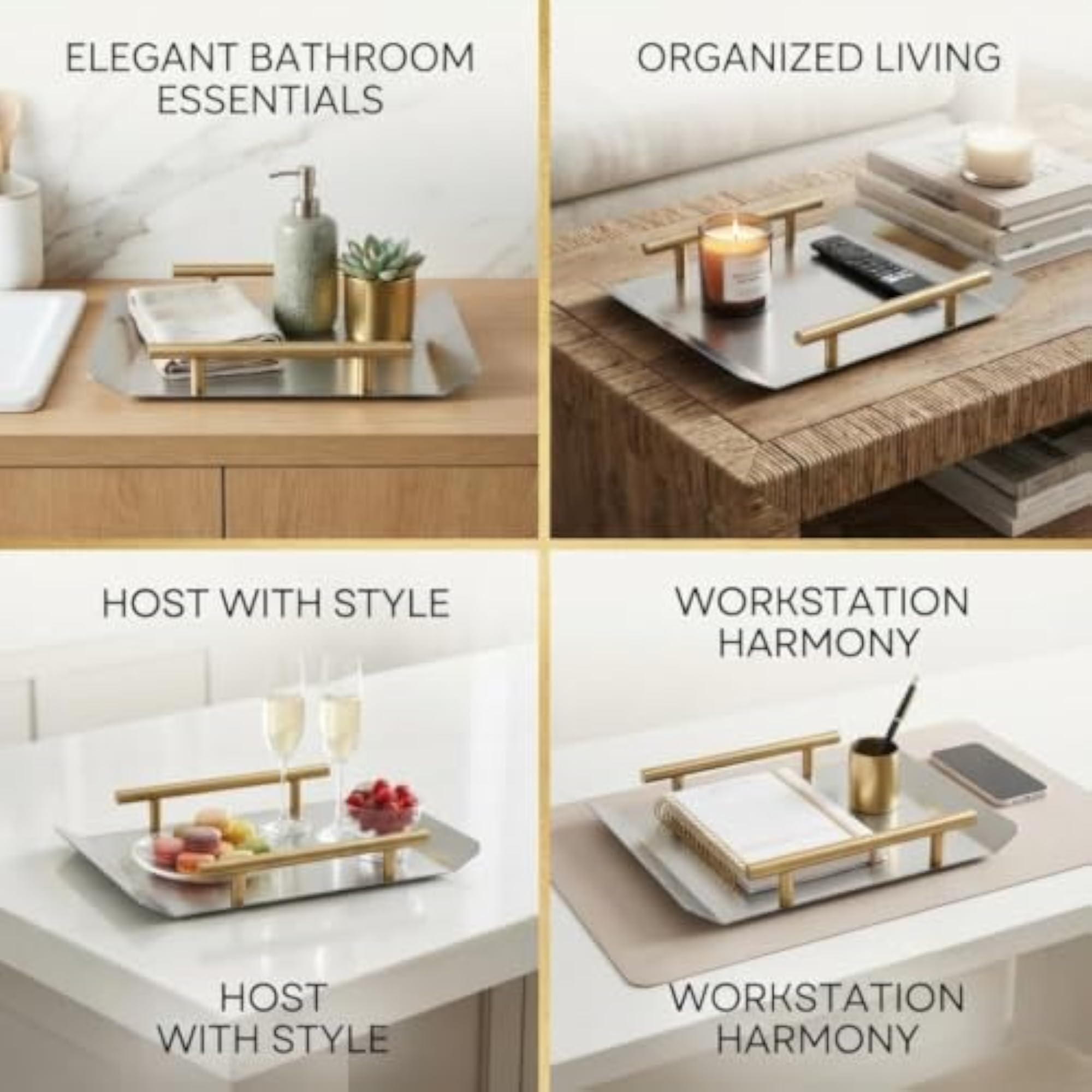 Luxury Stainless Steel Serving Tray with Gold Handle