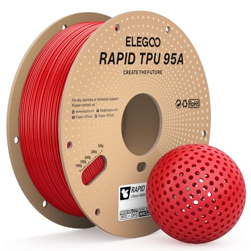 ELEGOO Rapid TPU Filament 1.75mm Red 1KG, High Speed 95A TPU Flexible Soft 3D Printing Filament, 1KG Spool(2.2lbs) Fit for Most FDM 3D Printers