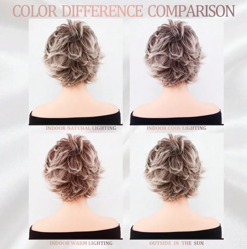 Image of Layered Short Blonde Pixie Wigs for White Women Dark Brown Ombre Blonde Pixie Cut Wig with Bangs for Daily Party Wig