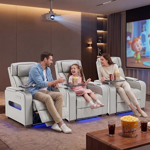 Image of Luxury Home Theater Seating, Dual Motor Power Recliner Chair with Adjustable Headrests, Reclining Movie Theater Seats with Extended Footrest, Tray Table for Living Room (Grey)