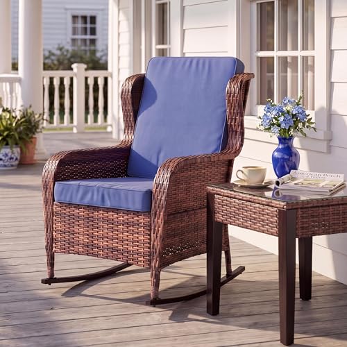 GarveeTech Outdoor Wicker Rocking Chair with Cushions All-Weather Patio Rocker High Back Rattan Chair for Garden Porch Backyard (Brown Wicker Blue Cushions)