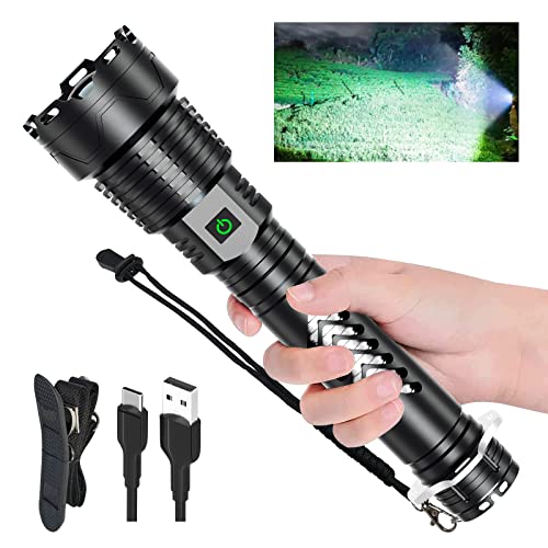 Rechargeable Flashlights, 200000 High Lumens XH-P160 Super Bright LED Powerful Handheld Flashlight with Shoulder Strap, 5 Light Modes, Zoomable IPX6 Waterproof for Outdoor Camping Emergencies