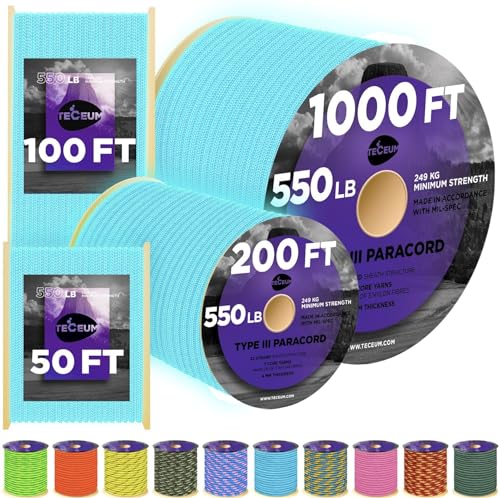 Image of TECEUM Reflective Paracord Rope 1000 - 1000ft /200ft /100ft /50ft - 40+ Colors - Glow in the Dark - para Cord - Utility Rope for Survival, Hunting & Camping Gear - Nylon String, Camping Rope, Tent Cord
