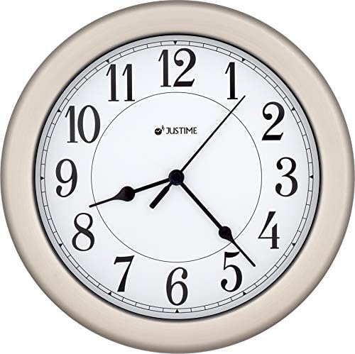 JUSTIME 8.5 inch Brushed Metal Water Resistant Wall Clock, Special for Small Space, Office, Boats, RV (Brushed Chrome)