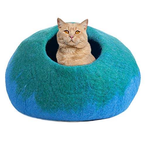 PETKIRI Wool Cat Cave Bed - Large Felt Cat Cave for Cats and Kittens - Felted from 100% Natural Wool - Premium and Personal Space for Your Indoor Cats (Emerald, Green/Blue)
