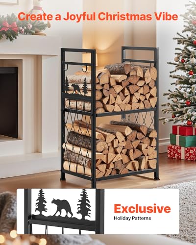 Image of VEVOR Indoor Firewood Rack, 1.3 ft 2-Tier Firewood Holder with Fireplace Tools, Brush, Shovel, Poker, Tongs, Heavy Duty Log Wood Rack, 400 lbs Weight Capacity, Wood Pile Storage Stacker for Fire Pit