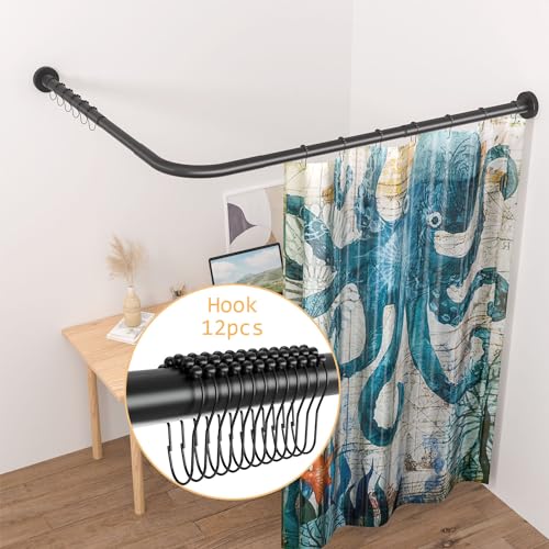 Image of Stretchable 304 Stainless L Shaped Bathroom Bathtub Corner Shower Curtain Rod Rack (Black 90-120x90-120cm)
