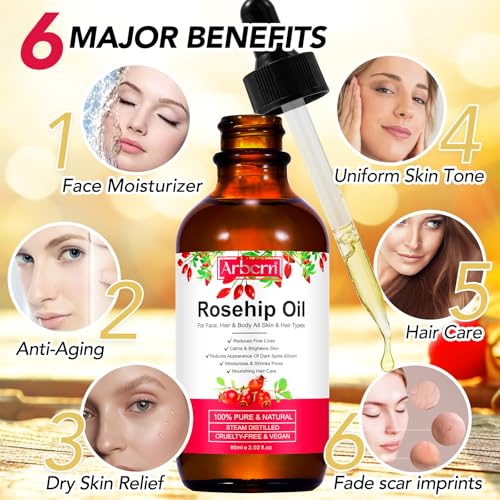 A r b c r n Rosehip Oil for Face,100% Pure Rosehip Seed Oil Cold Pressed Moisturizer for Hair, Skin & Nails 2 fl.oz