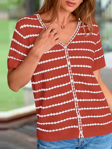 Image of NALANISA Women's Short Sleeve Sweater Spring Summer Crochet Knit Tops 2026 V Neck Striped Button Down Dressy Casual Blouses