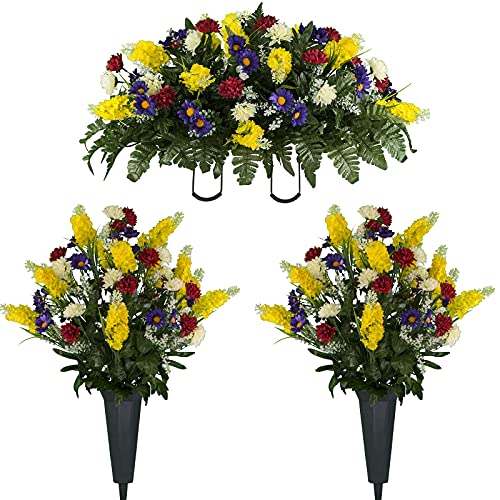 Sympathy Silks Artificial Cemetery Flowers – Realistic Vibrant Wildflowers Outdoor Grave Decorations - Non-Bleed Colors- 2 Red Yellow Wildflower Bouquets, 1 ,Matching Saddle, and 2 vases…