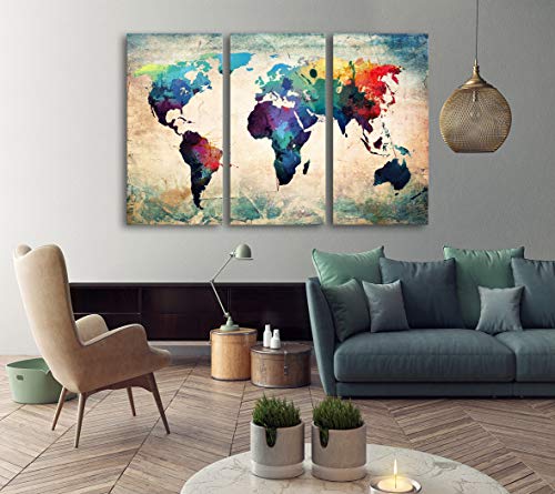 Baisuwallart W60148 3 Pieces Abstract World Map Canvas Painting Vintage Posters And Prints Colorful Wall Art Wall Pictures For Living Room Bedroom Home Decor Office Artwork #TOP4