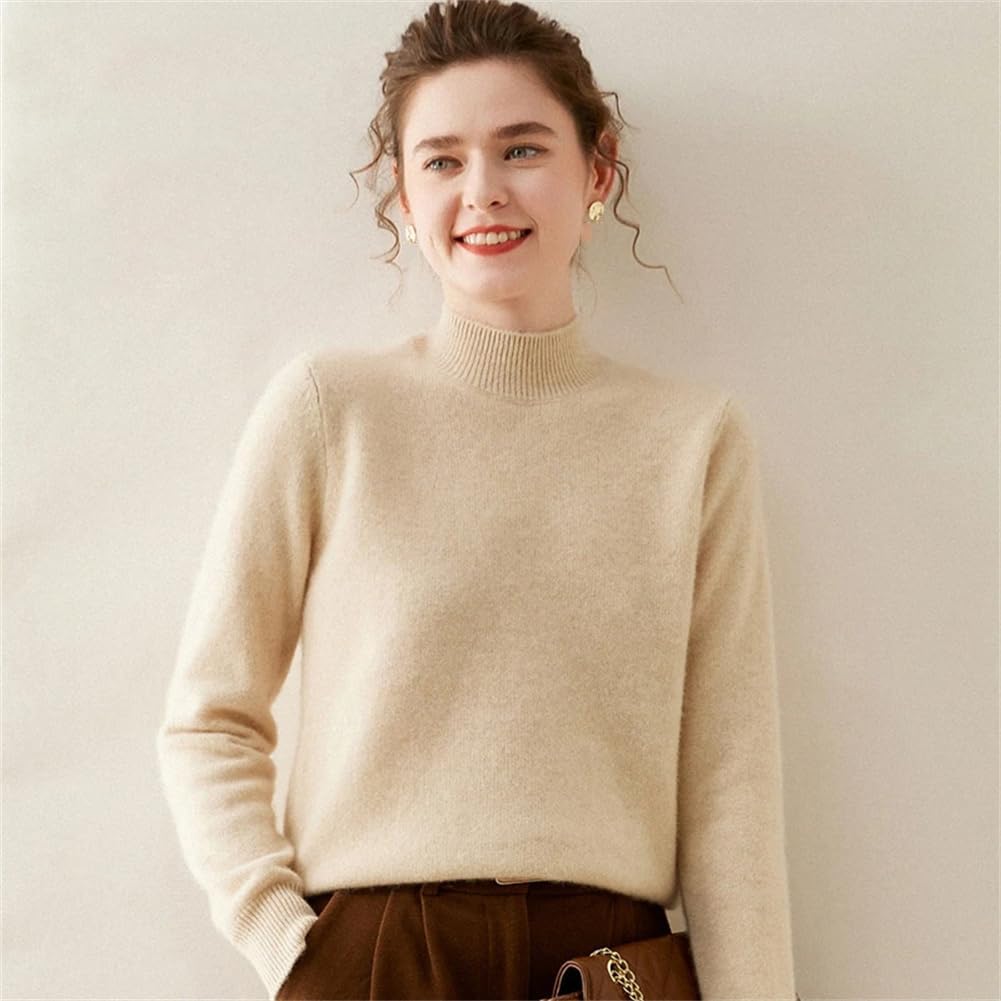 レディースカシミヤメリノウールセーター長袖モックネックカジュアルジャンパーソリッドニットプルオーバートップス Golden Ligh