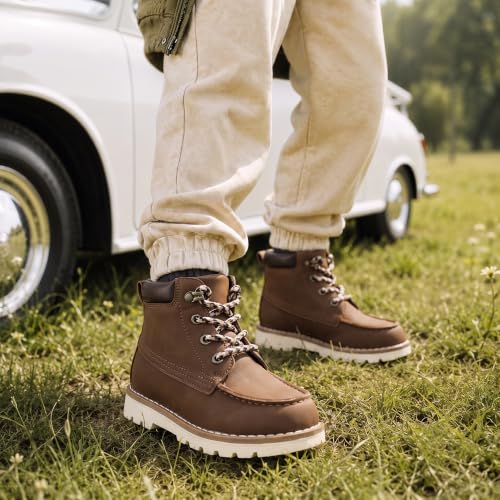 Bigwow Boys Brown Boots Waterproof Anti Slip Lace Up High Top Sneakers Boot Faux Leather Big Kid Brown Size 2 by Bigwow - Used condition - Image 2