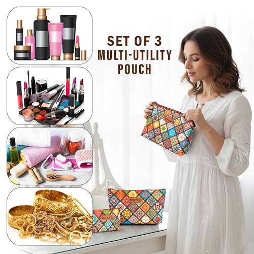 Image of Storite Set of 3 Printed Cosmetic Pouches for Women | Makeup, Toiletry & Travel Organizer Bags | Multicolor Zip Pouches