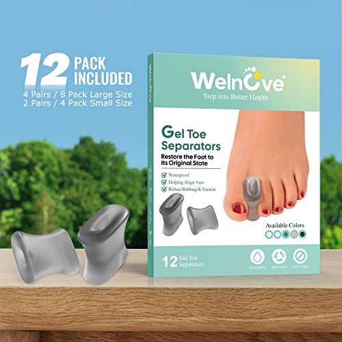 Image of Welnove 12-Pack Gel Toe Separators - Bunion Pads - Toe Spacers for Straightening Overlapping Toes for Men and Women - Transparent Black