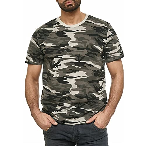 Camiseta de camuflaje con cuello redondo para hombre, diseño de camuflaje, atlética, manga corta, militar, cuello redondo, estilo vintage, Verde, Large