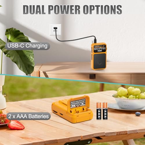 Image of PRUNUS J-555 Pocket Radio AM FM Built-in 800mAh Rechargeable battery /AAA Battery Operated, Excellent Reception Clear Speaker Earphone Jack, Back Clip, Flashlight, Transistor, Portable Mini USBC Charge