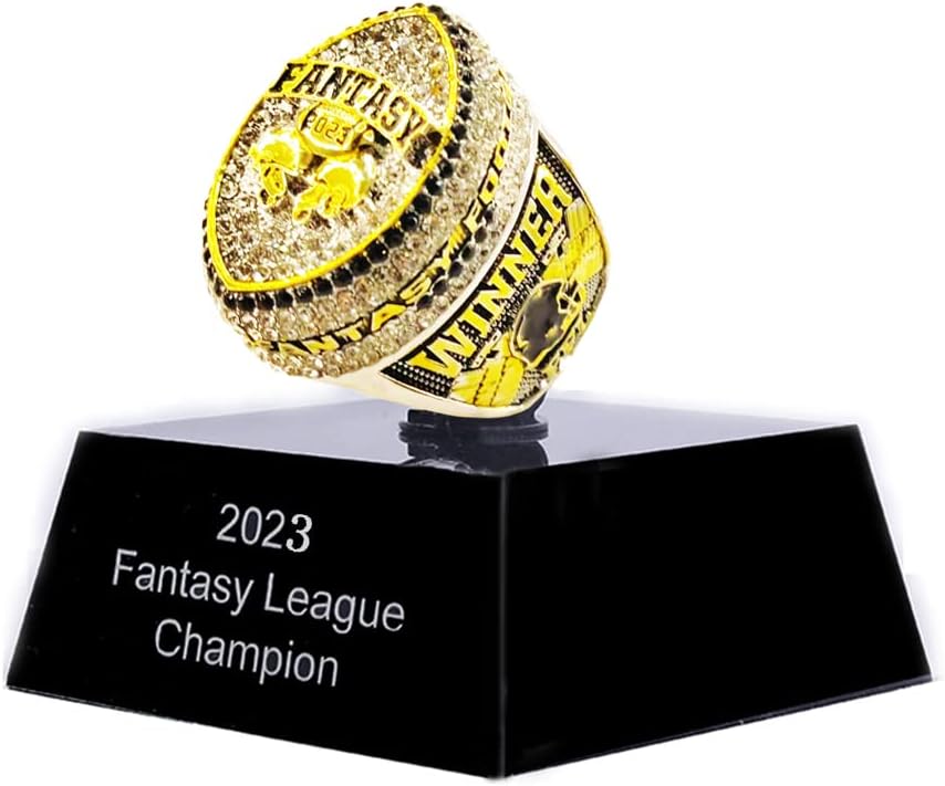 2023 Fantasy Football Championship Ring Stand Included - Gold or Silver | FFL Champion Ring With Many Bright Clear & Black Stones - Sizes 8 – 14