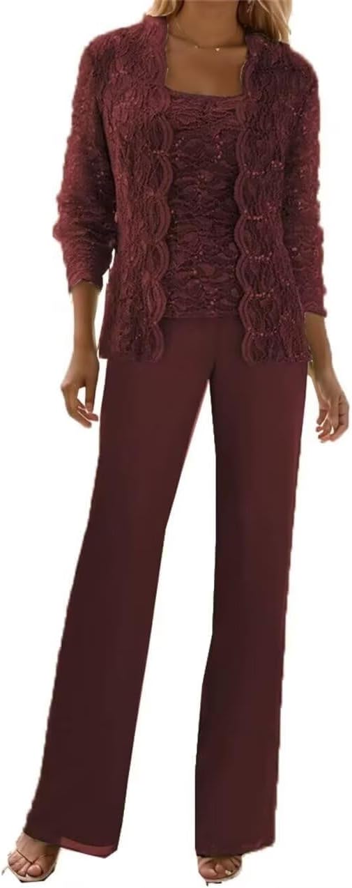 3 Pieces Mother of The Bride Trouser Suits Lace Mother of The Bride Outfits with Jackets