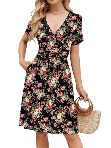 Image of Naggoo Womens Summer Dresses for Women 2026 Spring Floral Sundress Short Sleeve V Neck Wrap Dress with Pockets