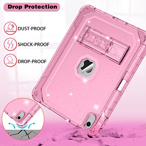 ZoneFoker Case for iPad 11-inch (A16) 2025 / iPad 10th Gen 10.9 inch 2022, Heavy Duty Shockproof Rugged Protective with Pencil Holder, 11th / 10th Translucent Cover with Kickstand, Pink Glitter