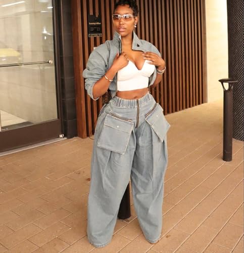 Womens Fall 2 Piece Outfits Zip Up Long Sleeve Crop Jean Jacket Wide Leg Cargo Pants Suit Denim Set4