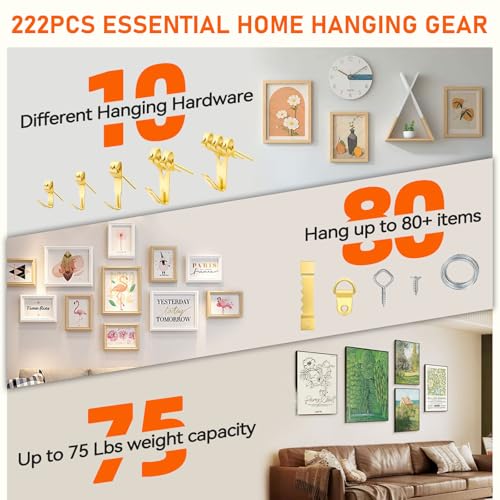 Image of Picture Hanging Kit, 224pcs Hanging Hardware with Hooks, Wire, Nails, D Rings, Photo Sawtooth Hangers, Ring Hooks, Wall Art Frame Hanging Kit with Yellow Magnetic Level and Small Claw Hammer