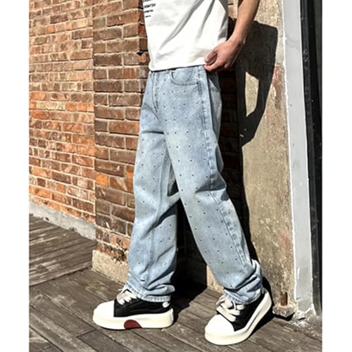 Mens Straight Leg Hip Hop Rivets Jeans Baggy Sparkling Denim Pants Streetwear4