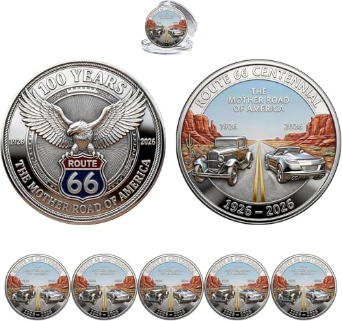Route 66 – 100 Years of Freedom Commemorative Coin, 1926-2026 100th Anniversary of The America's Mother Road Challenge Coin, Gift for Motorcycle Car (5 PCS)