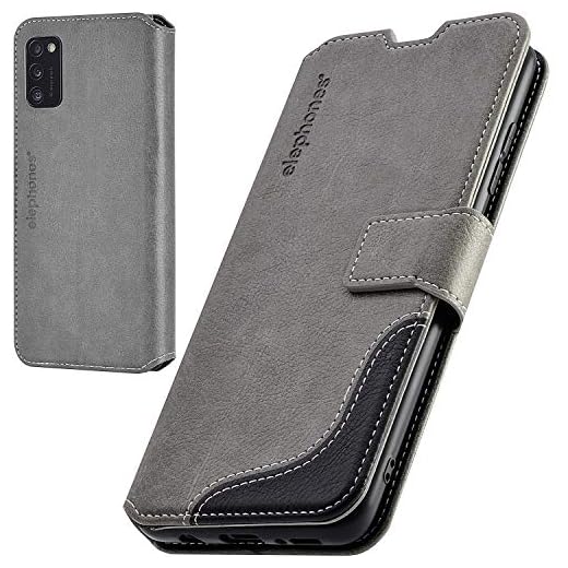 ELEPHONES Mobiltelefonfodral för Samsung A41 fodral [MED RFID-skydd] vikbart skyddsfodral, vikbart PU-läder, flip skal, mobilskal kompatibelt med Samsung Galaxy A41, grått