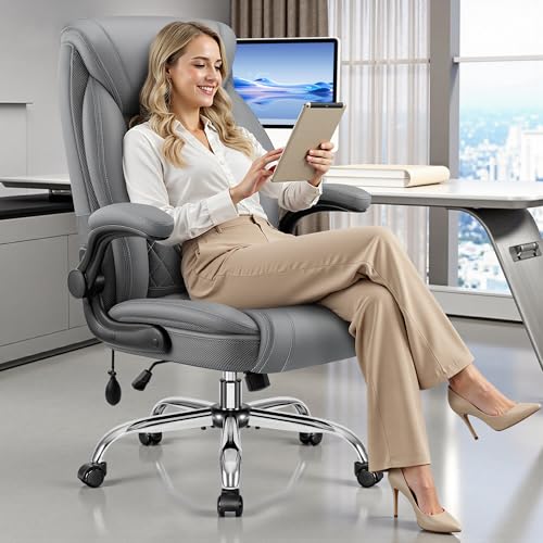 Image of BestGlory Executive Office Chair with Lumbar Support, Big and Tall Ergonomic Computer Desk Chair, Leather Comfy High Back Gaming Chair with Flip Up Arms & Rocking Function for Home Office, Gray
