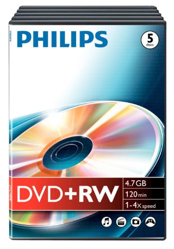 Philips DW4S4T05 °F DVD + RW Blank – 4.7 GB Data/120 Min Video, Slim Video Box (Pack of 5)