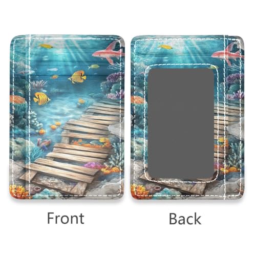 Billetera delgada para mujeres con pintura creativa 3D Ocean en cuero miniatura 2