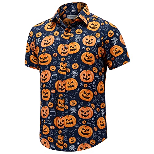 ENVMENST Mens Halloween Button Up Shirt Fun Pumpkins Printed Casual Short Sleeve Hawaiian Aloha Shirts for Men(Pumpkin-XL)