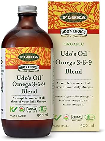 Flora Health Udo’s Oil Omega 3+6+9 Blend, Cold-Pressed & Unrefined,100% Sustainable, Plant-Based Balanced 2:1 Ratio of Omega-3 & Omega-6, Non-GMO, Organic, Vegan, Keto-Friendly, 500 mL Liquid