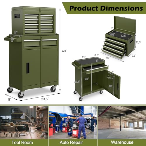 IRONMAX Rolling Tool Chest, 5-Drawer Lockable Tool Cabinet w/Adjustable Shelf & 4 Universal Wheels, 2 in 1 Detachable Toolbox Storage Organizer for Garage Workshop Repair Shop, Olive Green - Thumbnail 3