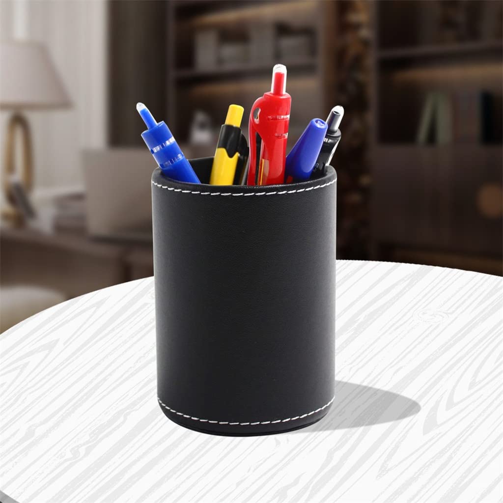 Business-Stiftehalter aus Leder, rund, für den Schreibtisch, für Schreibwaren, kreatives Bürobedarf, Bleistifthalter (schwarz, 8 x 10,8 cm)