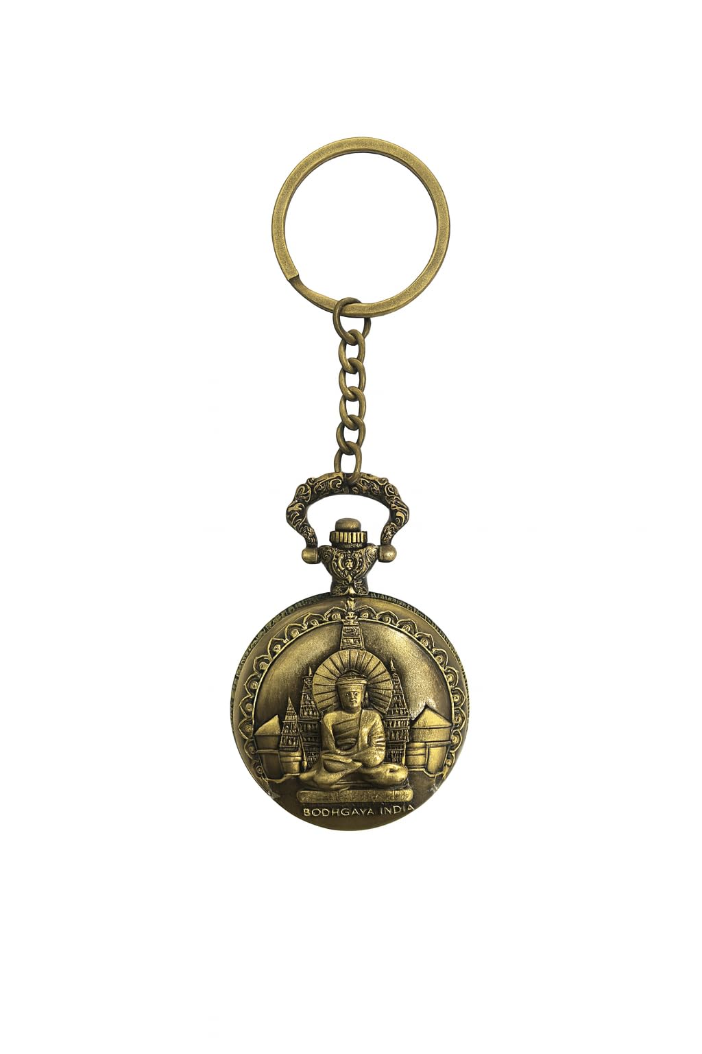 Vintage Buddha Pocket Watch Keychain – Bodhgaya India Antique Finish Quartz Watch with Gift Box